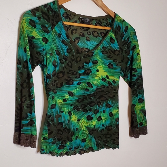 Playful Peacock Brightly Colored Leopard Blend V-Neck with Lace Edging - Picture 3 of 13